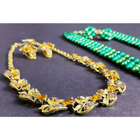 Vintage Demi Parure 50s Rhinestone Necklace & Clips Earrings AB Crystal - Picture 8 of 8